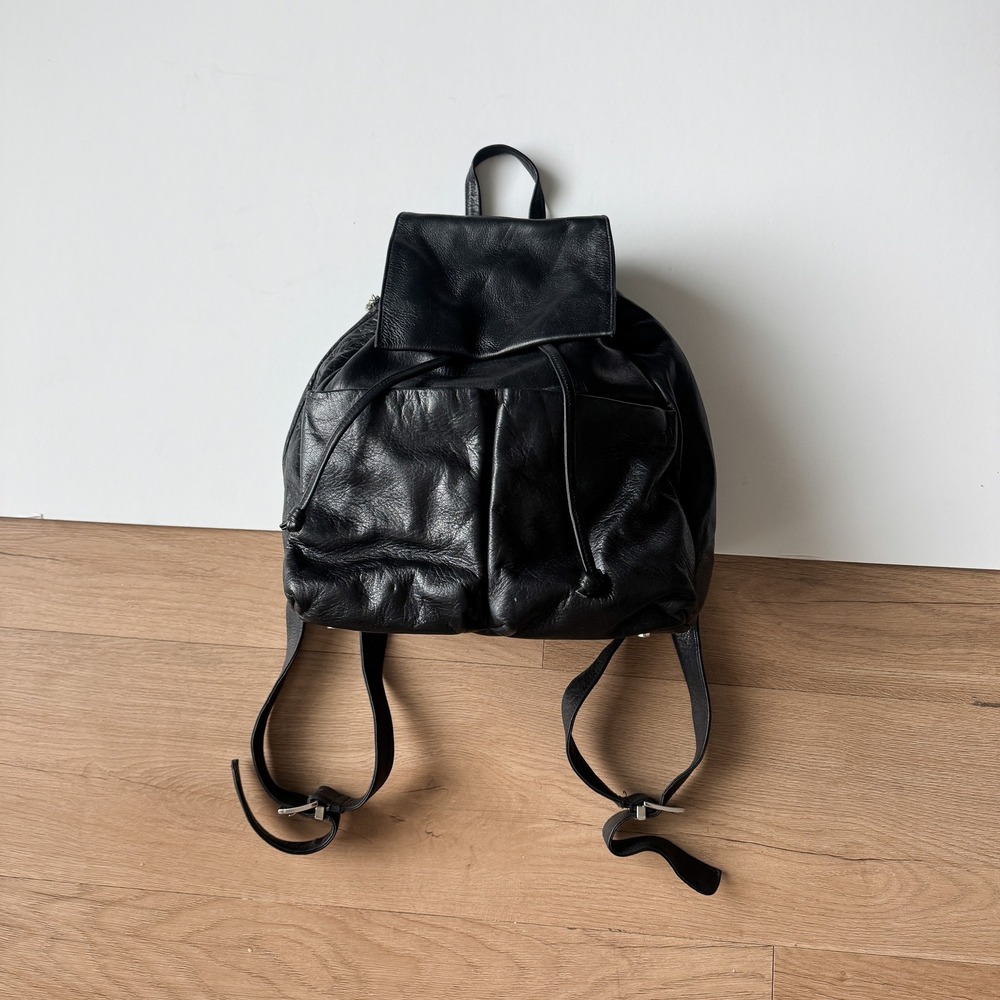 Perlina New York Black Leather Backpack Drawstring Flap Bag Vintage Style